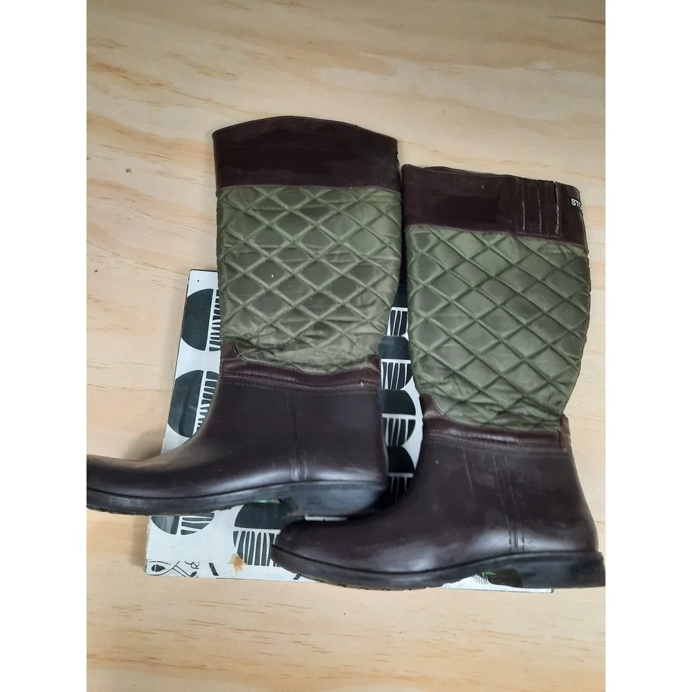 Cougar Storm Women Brown Olive‎ Green Quilted Tall Rubber Rain Boots Size 8